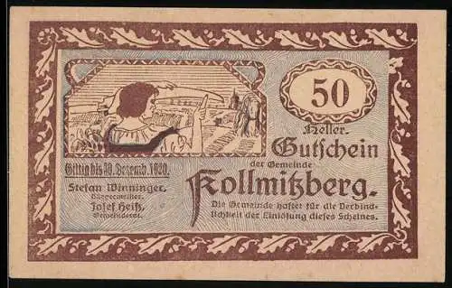 Notgeld Kollmitzberg 1920, 50 Heller, Landschaft mit Kirche und Hahn, Landarbeiter bei der Ernte