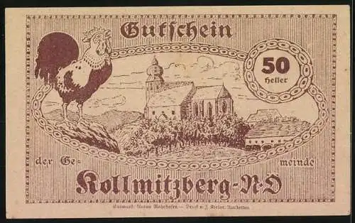 Notgeld Kollmitzberg 1920, 50 Heller, Landschaft mit Kirche und Hahn, Landarbeiter bei der Ernte