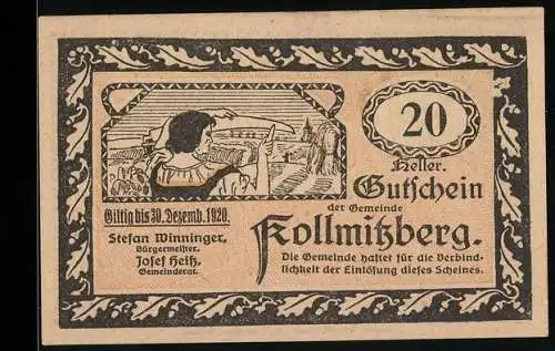 Notgeld Kollmitzberg 1920, 20 Heller, Frau mit Landschaft und Hahn mit Kirche