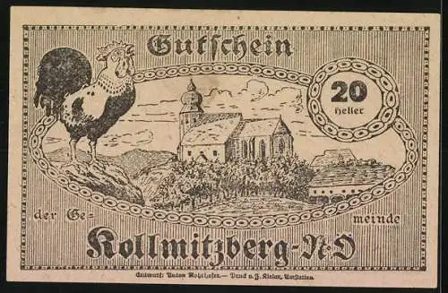 Notgeld Kollmitzberg 1920, 20 Heller, Frau mit Landschaft und Hahn mit Kirche