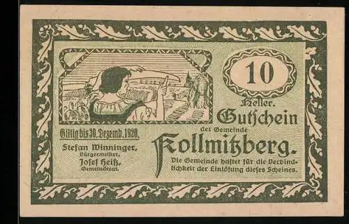 Notgeld Kollmitzberg 1920, 10 Heller, Frau mit Landschaft und Hahn mit Kirche