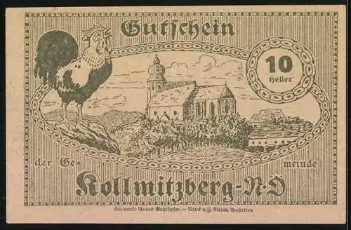 Notgeld Kollmitzberg 1920, 10 Heller, Frau mit Landschaft und Hahn mit Kirche