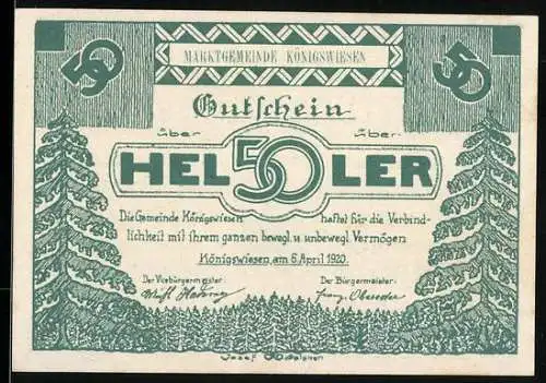 Notgeld Königswiesen 1920, 50 Heller, Bäume und Wappen, 6. April 1920