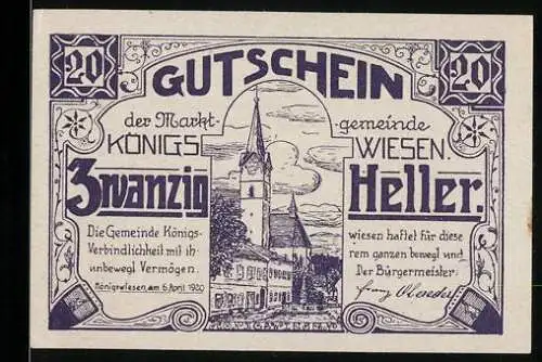 Notgeld Königswiesen 1920, 20 Heller, Kirche und Dorfansicht