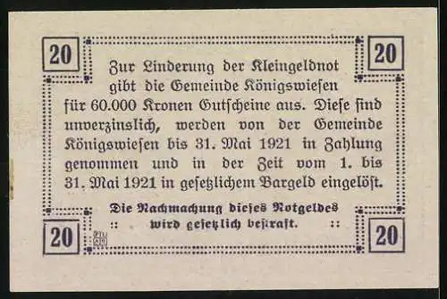 Notgeld Königswiesen 1920, 20 Heller, Kirche und Dorfansicht