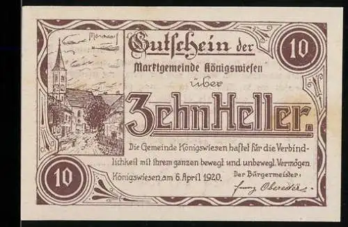 Notgeld Königswiesen 1920, 10 Heller, Kirche und Landschaftsmotiv