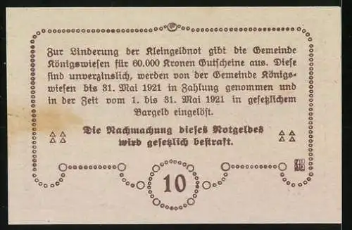 Notgeld Königswiesen 1920, 10 Heller, Kirche und Landschaftsmotiv