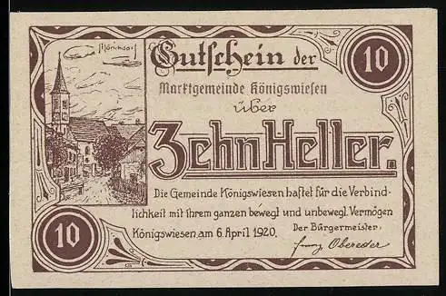 Notgeld Königswiesen 1920, 10 Heller, Dorfansicht mit Kirche und dekorativem Rahmen