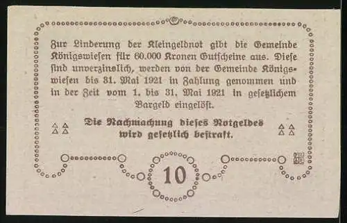 Notgeld Königswiesen 1920, 10 Heller, Dorfansicht mit Kirche und dekorativem Rahmen