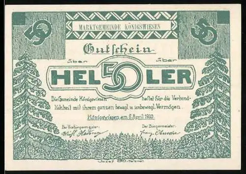 Notgeld Königswiesen 1920, 50 Heller, Waldlandschaft und Wappen mit Hase