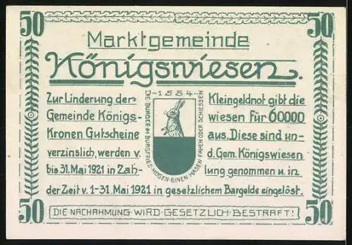 Notgeld Königswiesen 1920, 50 Heller, Waldlandschaft und Wappen mit Hase