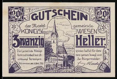 Notgeld Königswiesen 1920, 20 Heller, Kirche und Gemeindehaus, Text zur Ausgabe und Einlösung