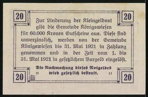 Notgeld Königswiesen 1920, 20 Heller, Kirche und Gemeindehaus, Text zur Ausgabe und Einlösung