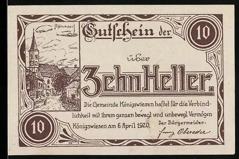 Notgeld Königswiesen 1920, 10 Heller, Dorfszene und Ornamente