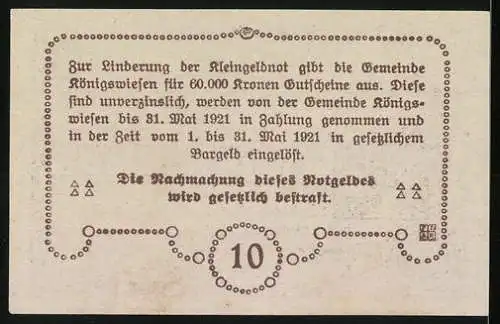 Notgeld Königswiesen 1920, 10 Heller, Dorfszene und Ornamente