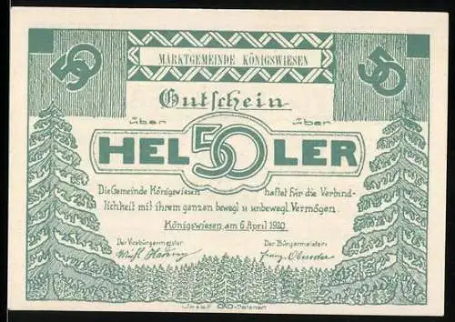 Notgeld Königswiesen 1920, 50 Heller, Bäume und Schriftzug, Wappen