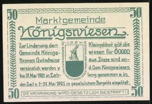 Notgeld Königswiesen 1920, 50 Heller, Bäume und Schriftzug, Wappen