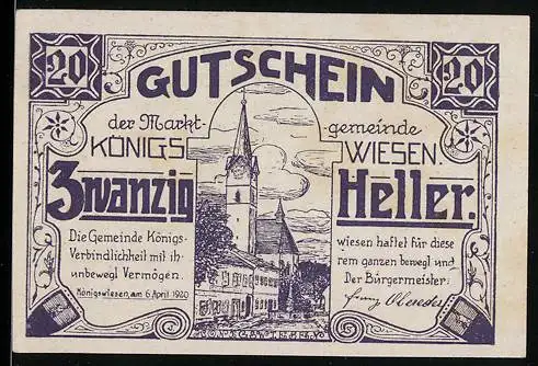 Notgeld Königswiesen 1920, 20 Heller, Kirche und Landschaftsmotiv