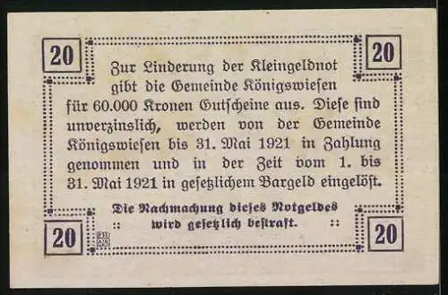 Notgeld Königswiesen 1920, 20 Heller, Kirche und Landschaftsmotiv