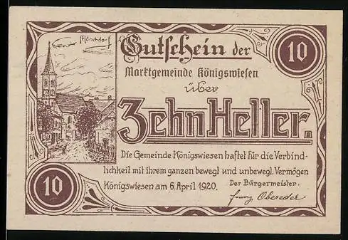 Notgeld Königswiesen 1920, 10 Heller, Stadtansicht mit Kirche und Text zur Gültigkeit