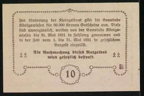 Notgeld Königswiesen 1920, 10 Heller, Stadtansicht mit Kirche und Text zur Gültigkeit