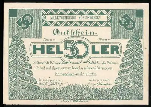 Notgeld Königswiesen 1920, 50 Heller, Tannenbäume und Wappen, grüne Gestaltung