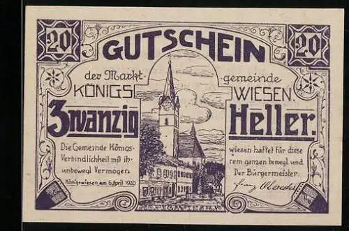 Notgeld Königswiesen 1920, 20 Heller, Kirche und Landschaftsmotiv, herausgegeben zur Linderung der Kleingeldnot