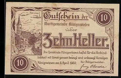 Notgeld Königswiesen 1920, 10 Heller, Stadtansicht mit Kirche und Signatur des Bürgermeisters