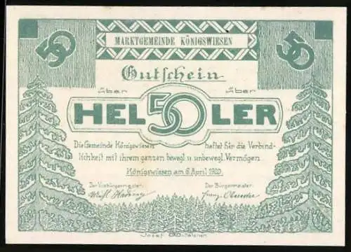 Notgeld Königswiesen 1920, 50 Heller, Tannen und Wappen, Seriennummer, grüne Schrift