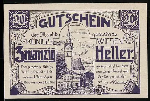 Notgeld Königswiesen 1920, 20 Heller, Kirche und Gebäude, Text zur Kleingeldnotlinderung