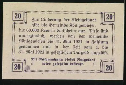 Notgeld Königswiesen 1920, 20 Heller, Kirche und Gebäude, Text zur Kleingeldnotlinderung