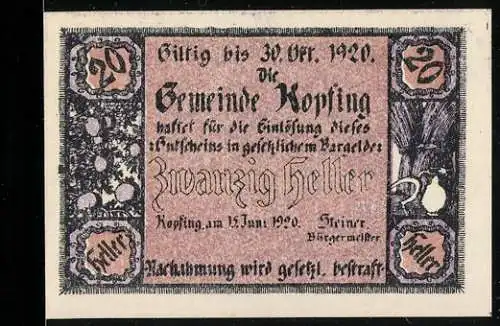 Notgeld Kopfing 1920, 20 Heller, florales Muster und landwirtschaftliche Motive