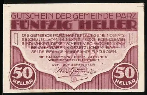 Notgeld Parz 1920, 50 Heller, Schloss Parz mit Wassergraben und Boot