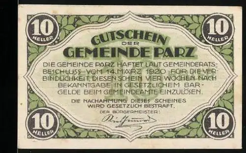 Notgeld Gemeinde Parz 1920, 10 Heller, Motiv: Schlüsselberg mit Gebäude und Bäumen