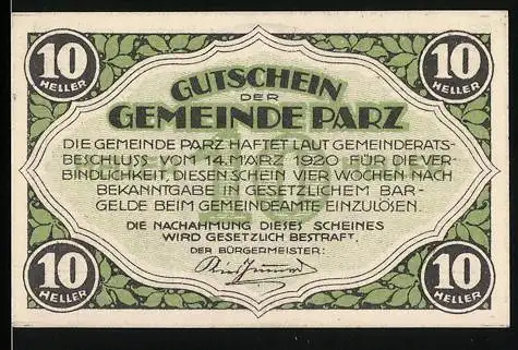 Notgeld Parz 1920, 10 Heller, Schlossansicht Schlüsselberg, grüner Rahmen, Bürgermeisterunterschrift