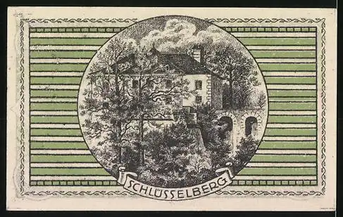 Notgeld Parz 1920, 10 Heller, Schlossansicht Schlüsselberg, grüner Rahmen, Bürgermeisterunterschrift