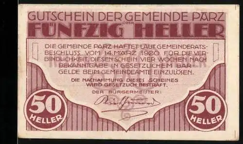 Notgeld Parz 1920, 50 Heller, Schloss Parz, Text und Verzierungen