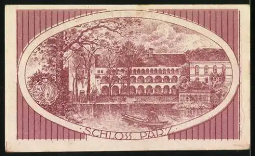 Notgeld Parz 1920, 50 Heller, Schloss Parz, Text und Verzierungen