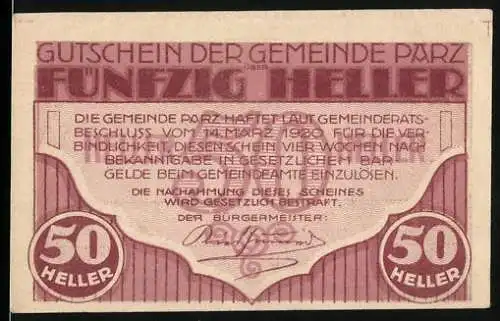 Notgeld Parz 1920, 50 Heller, Schloss Parz Motiv, lila Farbgebung