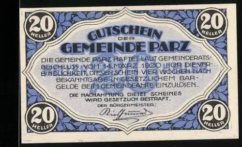 Notgeld Parz 1920, 20 Heller, Schlossberg-Motiv mit blauem Muster