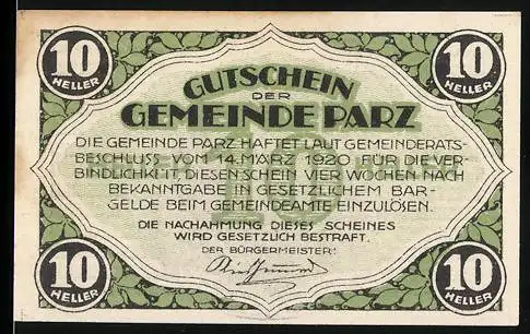 Notgeld Gemeinde Parz 1920, 10 Heller, Schloss Schüsselberg-Motiv, grüner Laubrand