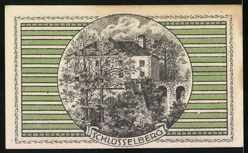 Notgeld Gemeinde Parz 1920, 10 Heller, Schloss Schüsselberg-Motiv, grüner Laubrand