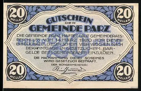 Notgeld Gemeinde Parz 1920, 20 Heller, Schlossberg-Motiv mit blauen Ornamenten