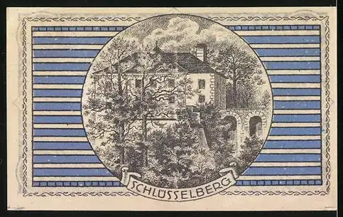 Notgeld Gemeinde Parz 1920, 20 Heller, Schlossberg-Motiv mit blauen Ornamenten