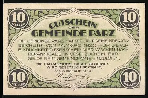 Notgeld Parz 1920, 10 Heller, Gutschein der Gemeinde, Motiv Schloss Schlüsselberg