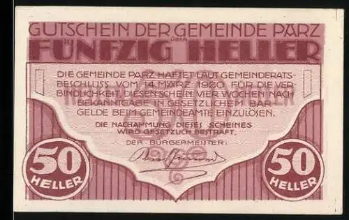 Notgeld Parz 1920, 50 Heller, Schloss Parz und Textpassage