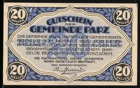 Notgeld Parz 1920, 20 Heller, Schloss Schlüsselberg Abbildung, blaues Muster