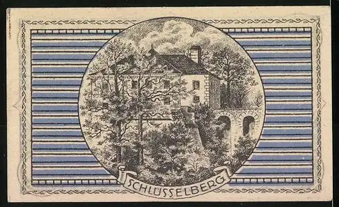 Notgeld Parz 1920, 20 Heller, Schloss Schlüsselberg Abbildung, blaues Muster