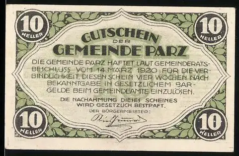 Notgeld Parz 1920, 10 Heller, Schloss Schüsselberg-Motiv