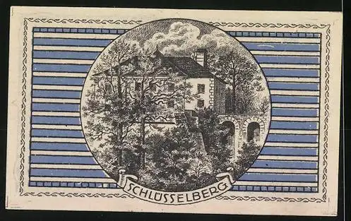 Notgeld Parz 1920, 20 Heller, Schloss Schlüsselberg auf blauem Hintergrund